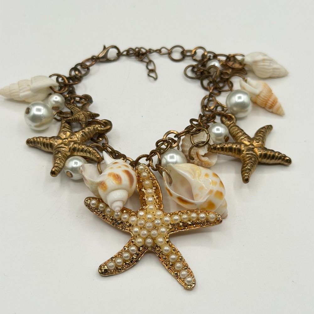Gold Tone Starfish Seashell Faux Pearl Beach Coastal Statement Charm Bracelet